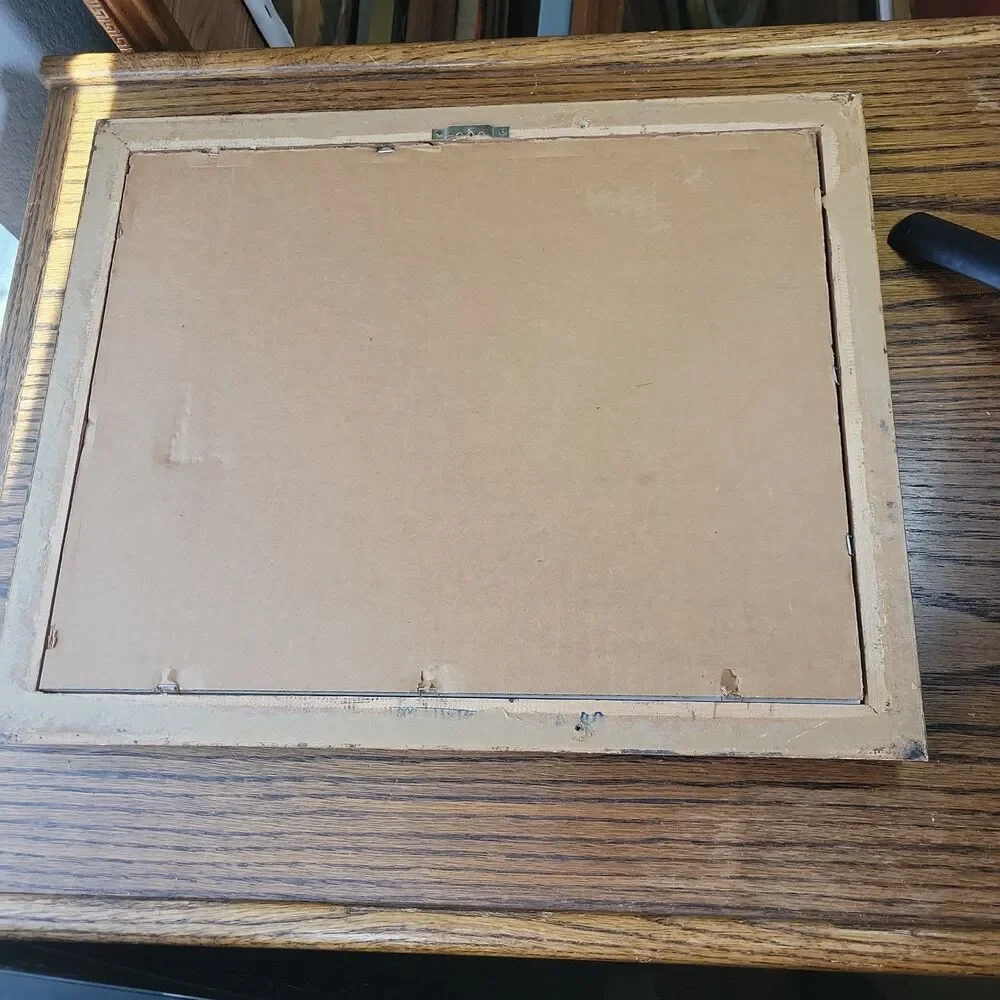 VTG Ornate 16x13 Picture Frame Brown Wood Texture 8X10 DBL Navy & Red Inset Mat